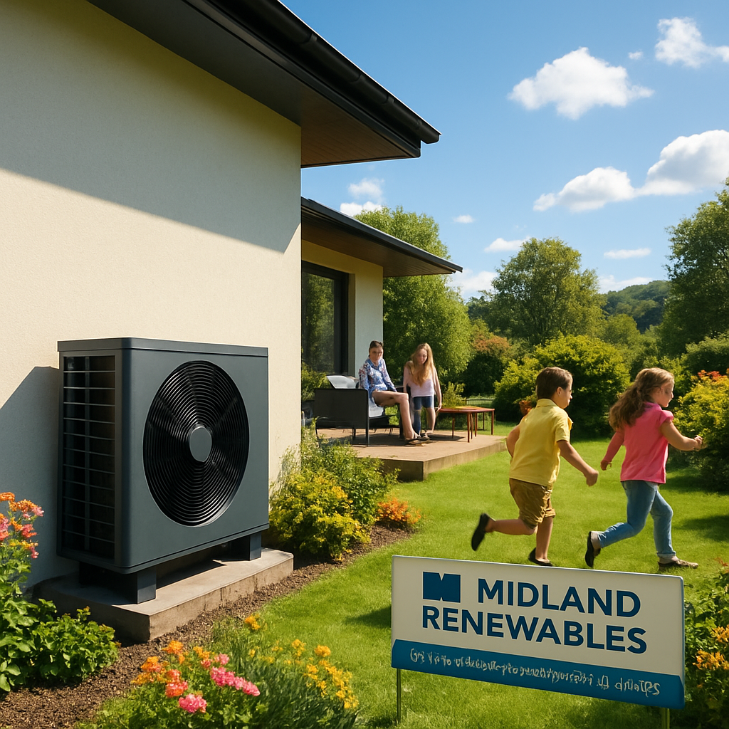 The image depicts a modern home nestled in a lush green landscape showcasing a sleek airsource heat pump discreetly positioned beside the exterior wal