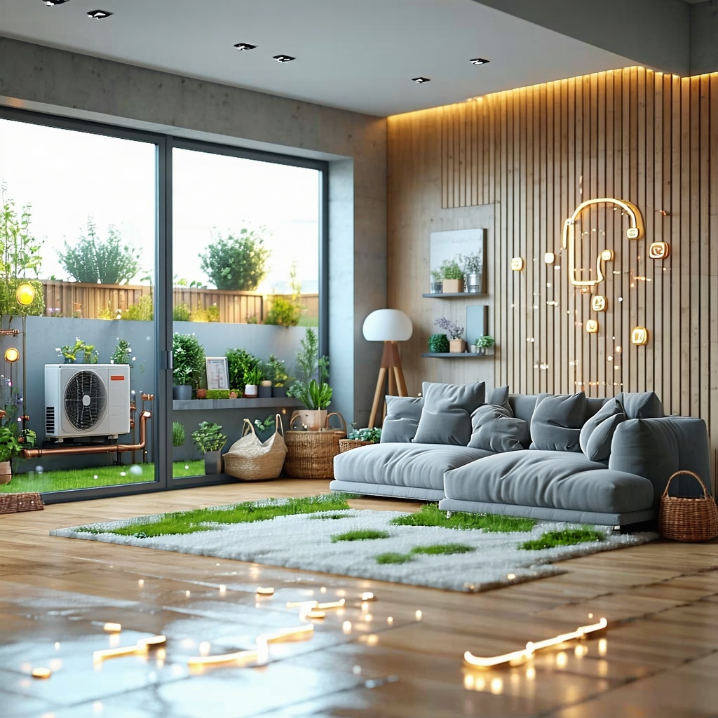 a valentines esq image of an air source heat pump and underfloor heating system living in complete harmony