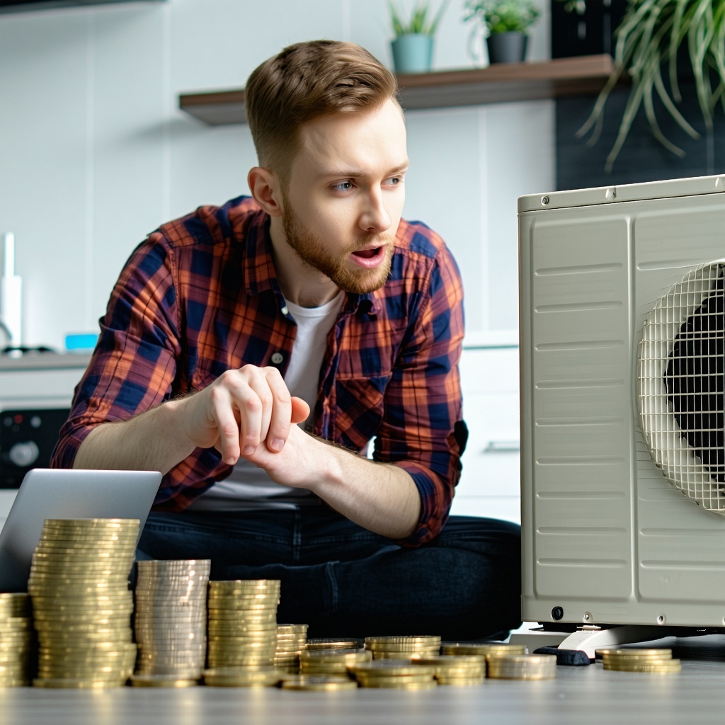 an image of someone trying to save money by swapping their old boiler to an air source heat pump