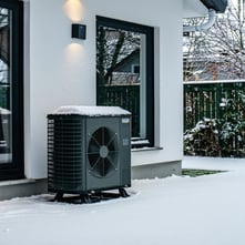 black air source heat pump outside a house in snowy weather