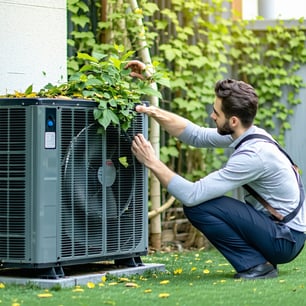someone maintaining their black air source heat pump checking for leaves in the fan