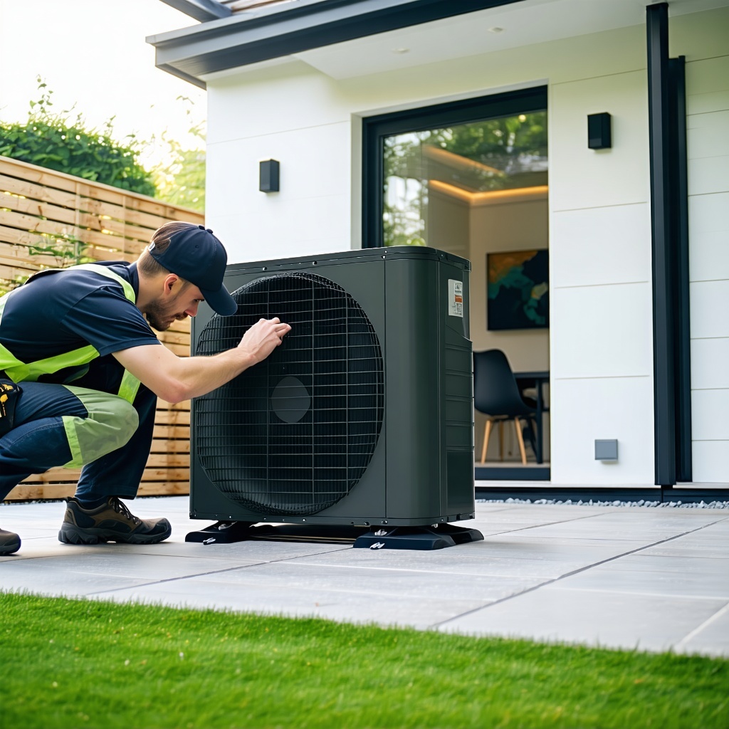 this image should display a person servicing a black air source heat pump outside a very modern looking home